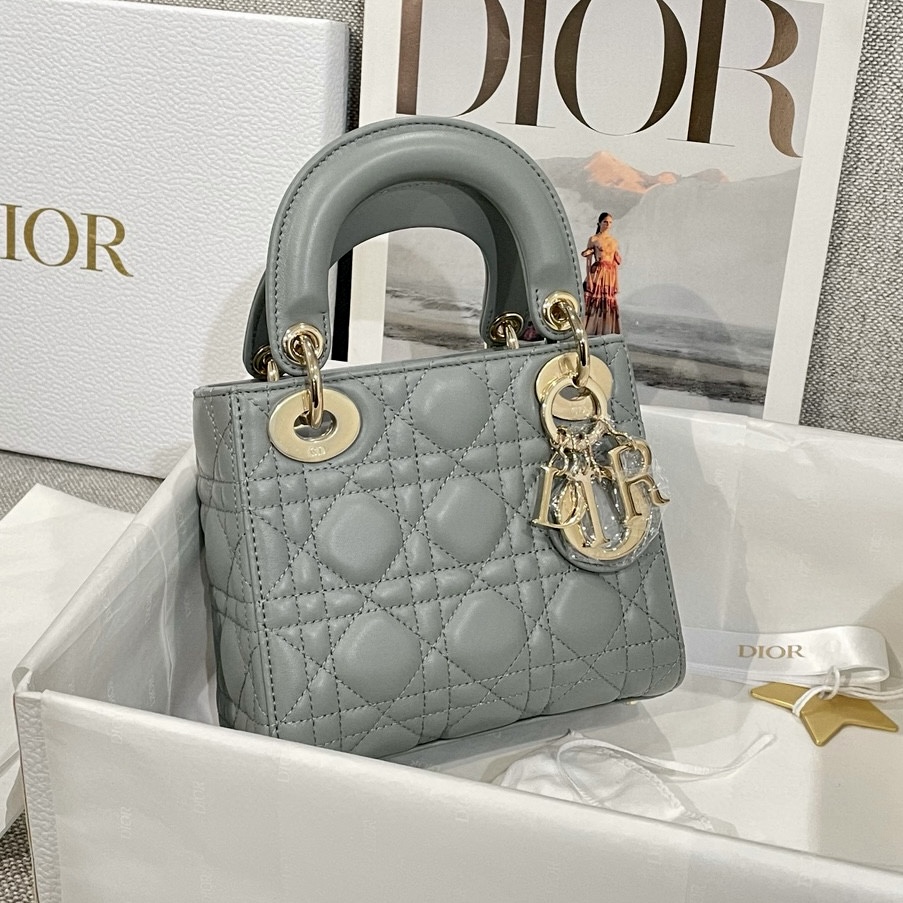 DIOR Mini Lady Dior Bag Stone Gray Cannage Lambskin Gold Hardware