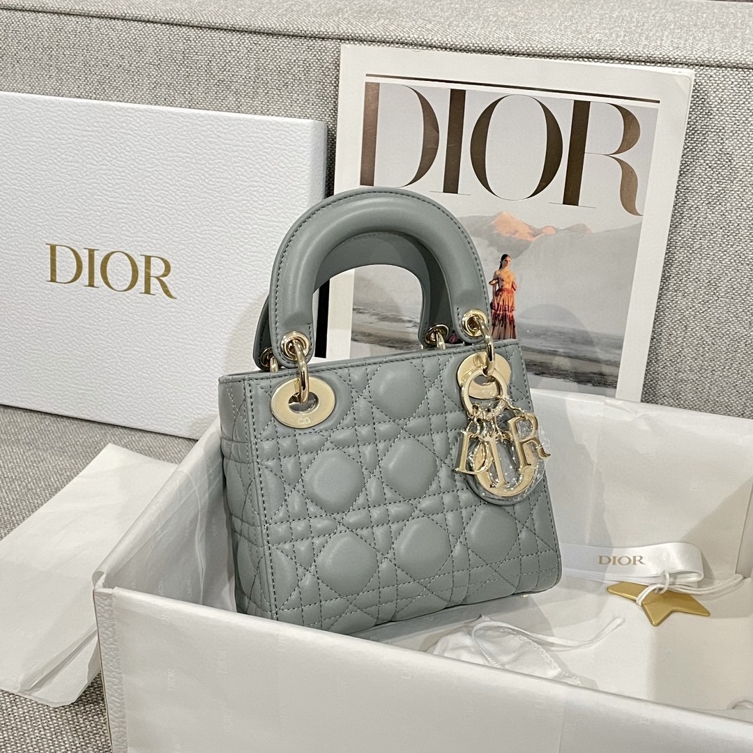 DIOR Mini Lady Dior Bag Stone Gray Cannage Lambskin Gold Hardware