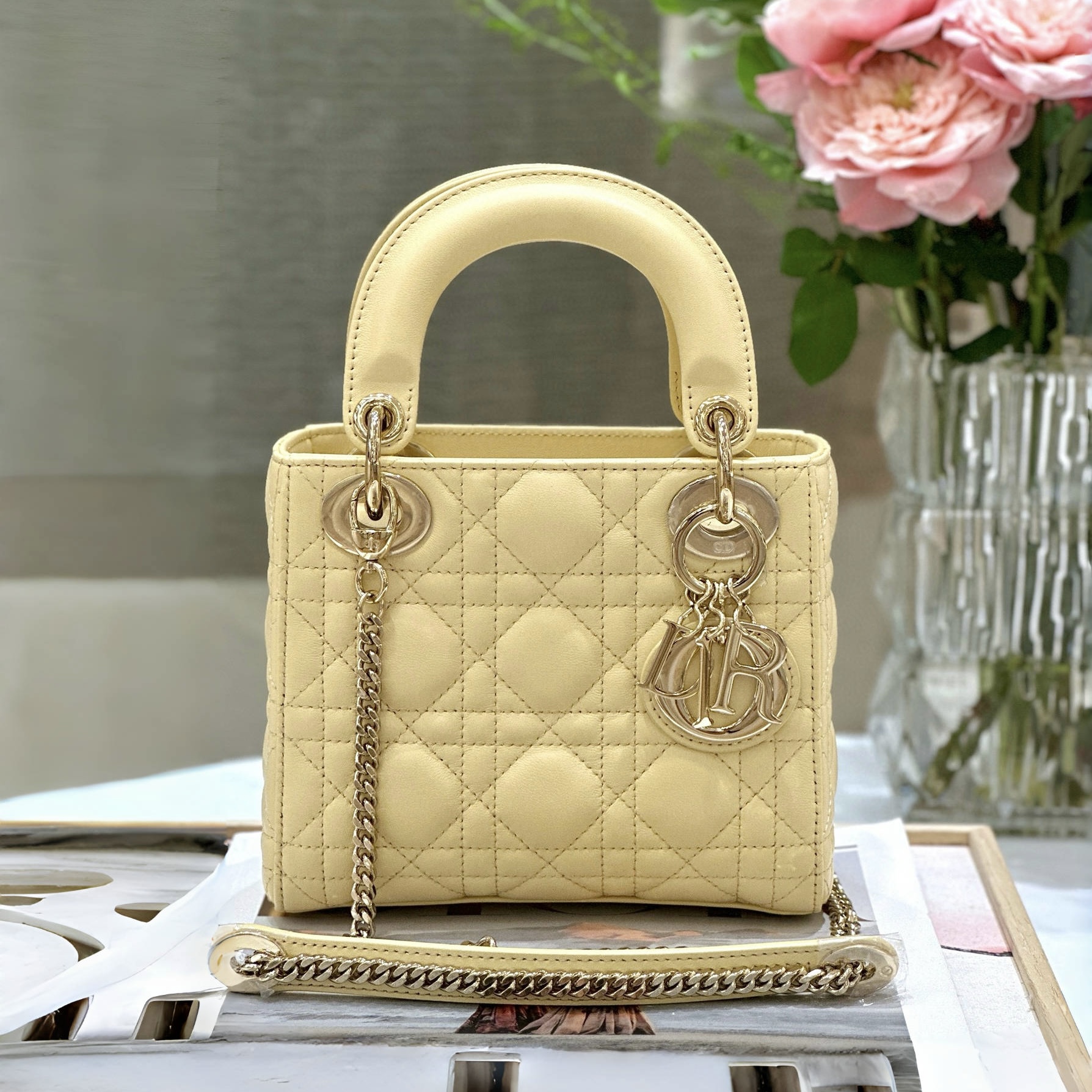 DIOR Mini Lady Dior Bag Pale Yellow Cannage Lambskin Gold Hardware