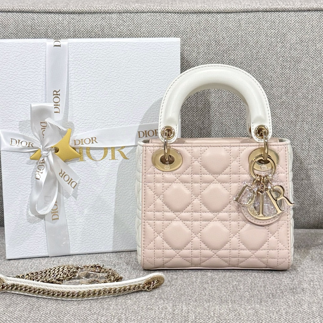 DIOR Mini Lady Dior Bag Two-Tone Powder Pink and Latte Cannage Lambskin Gold Hardware