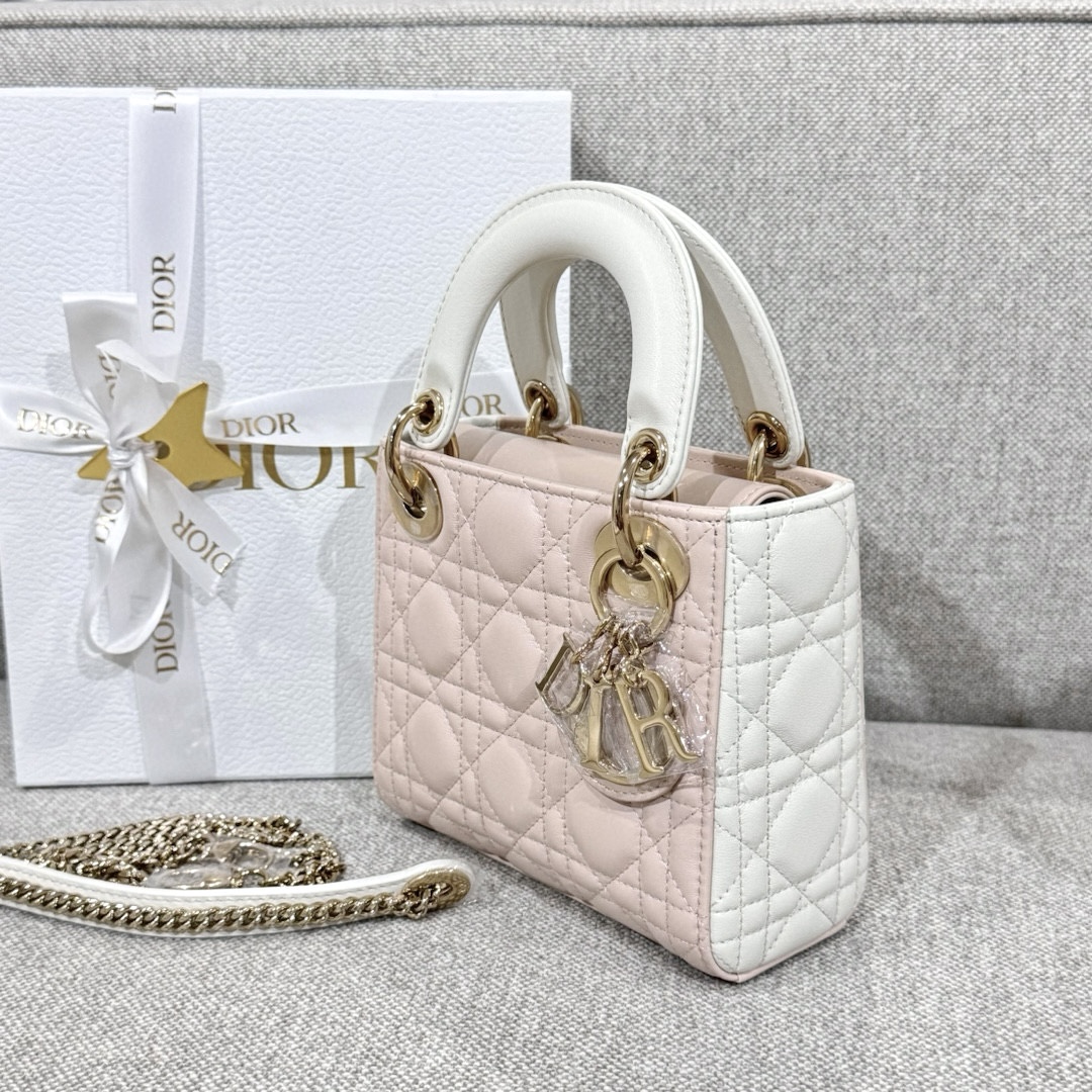 DIOR Mini Lady Dior Bag Two-Tone Powder Pink and Latte Cannage Lambskin Gold Hardware