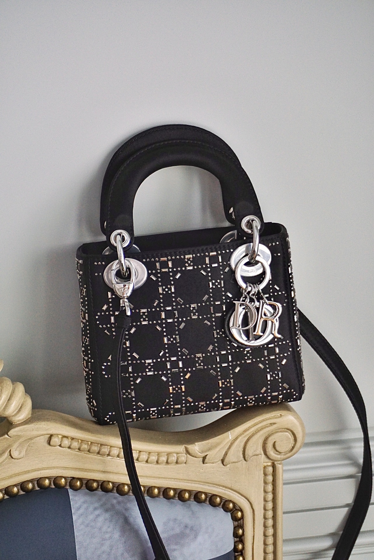 DIOR Mini Lady Dior Bag Black Strass Cannage Satin Sliver Hardware