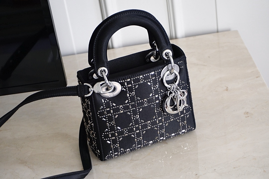 DIOR Mini Lady Dior Bag Black Strass Cannage Satin Sliver Hardware