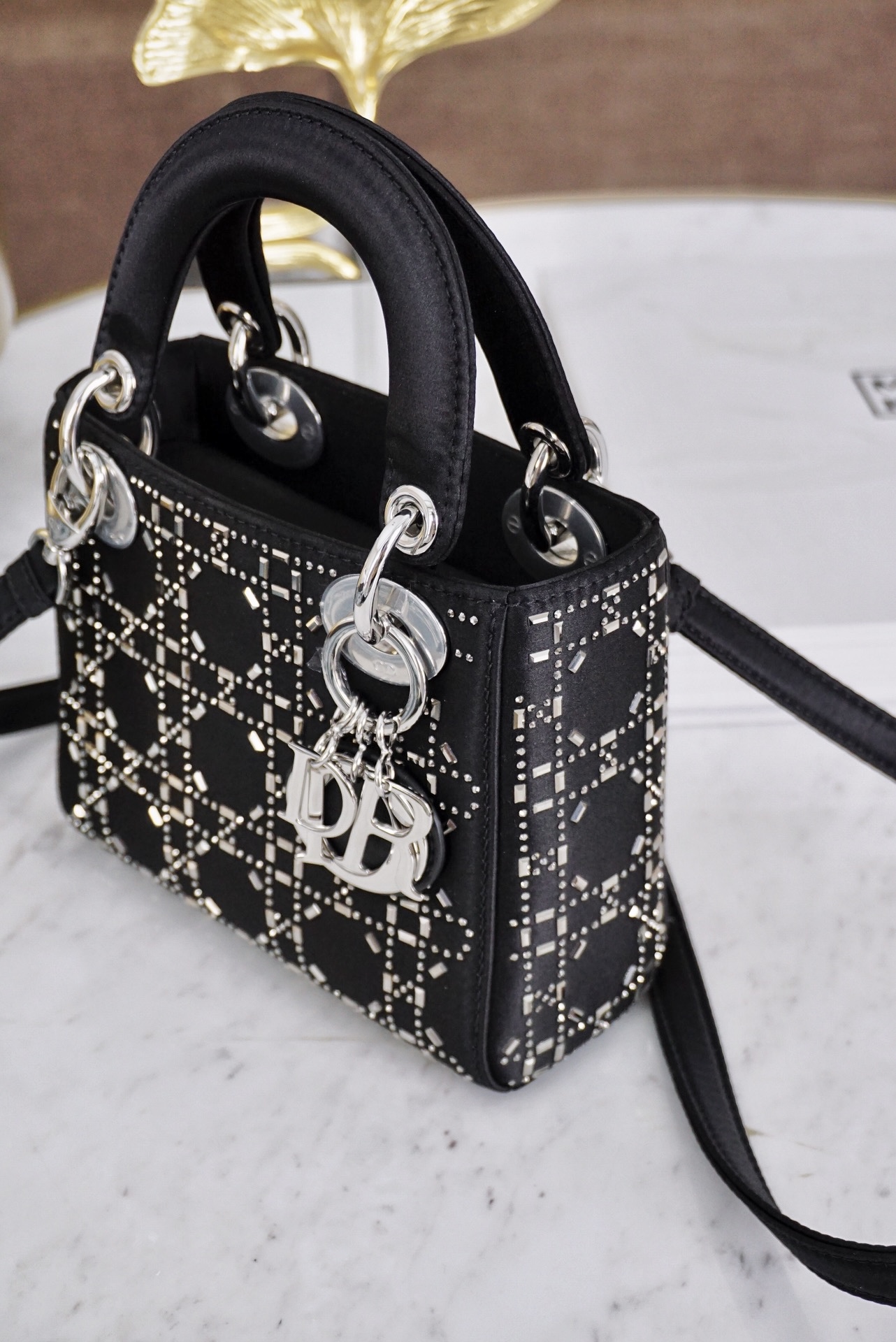 DIOR Mini Lady Dior Bag Black Strass Cannage Satin Sliver Hardware