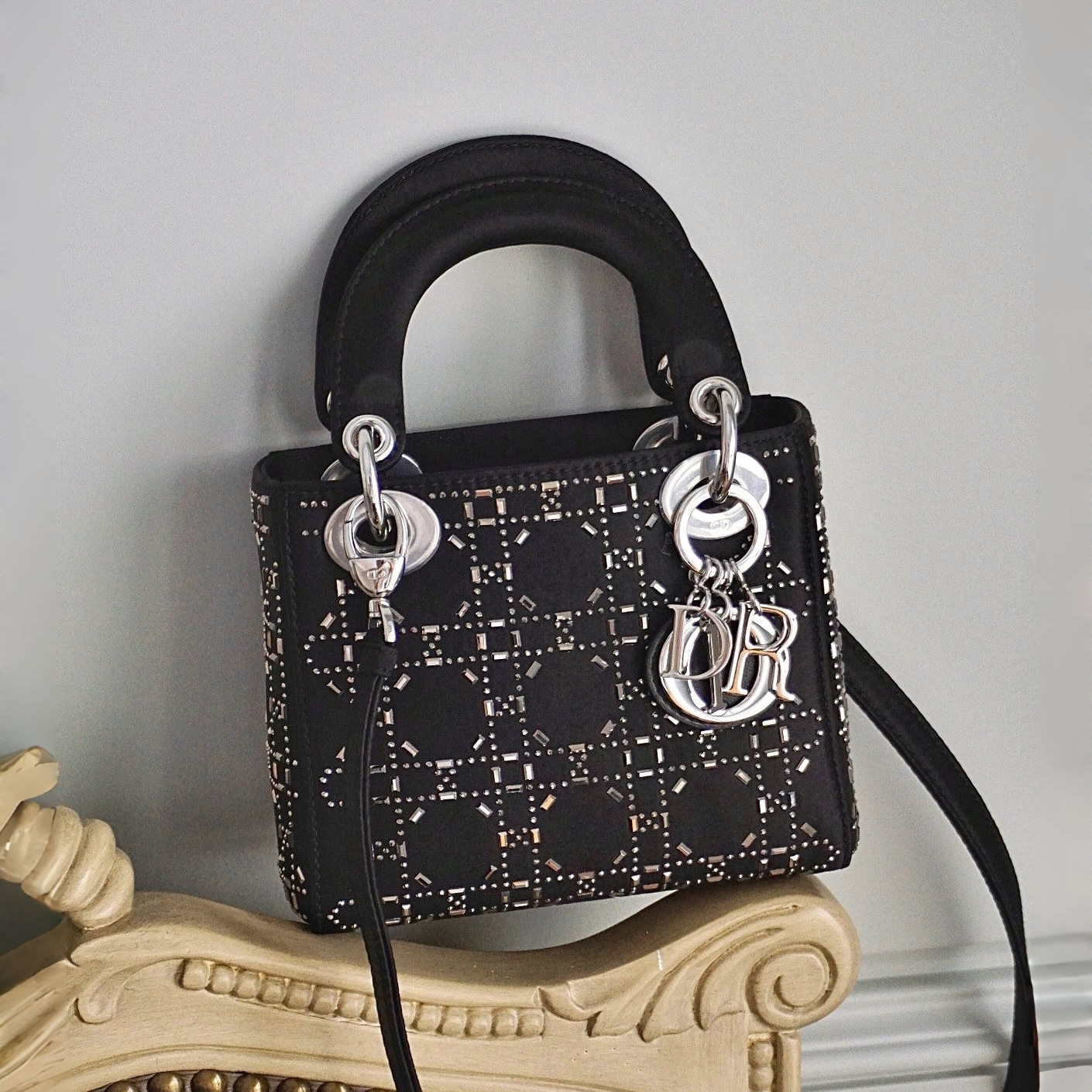 DIOR Mini Lady Dior Bag Black Strass Cannage Satin Sliver Hardware