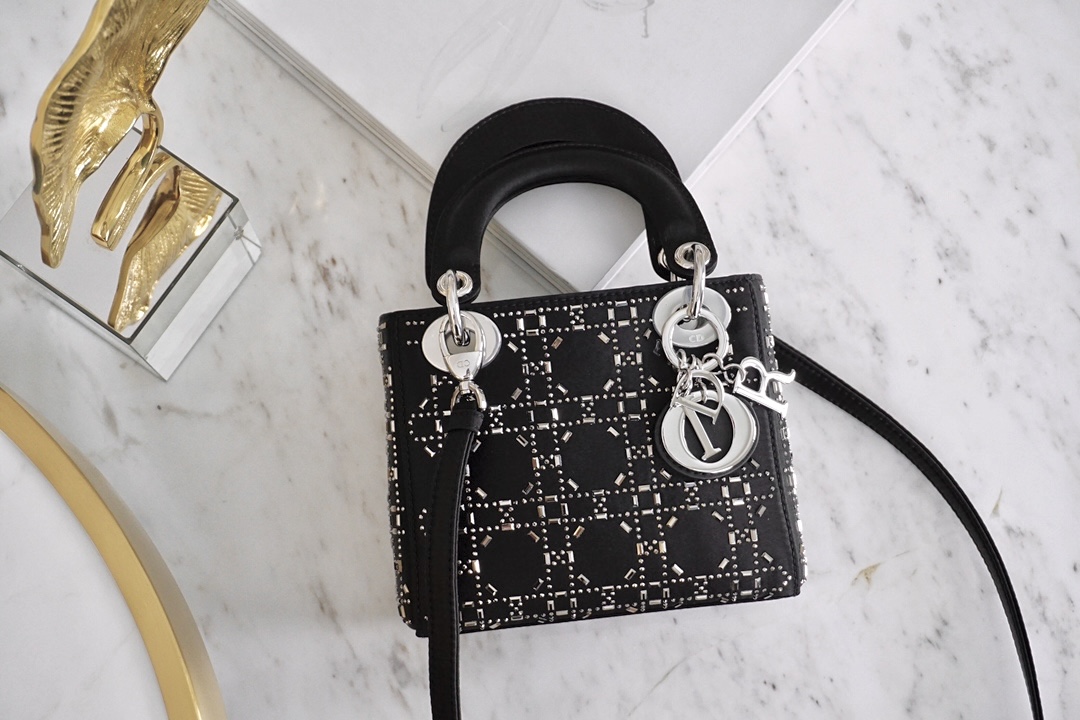 DIOR Mini Lady Dior Bag Black Strass Cannage Satin Sliver Hardware