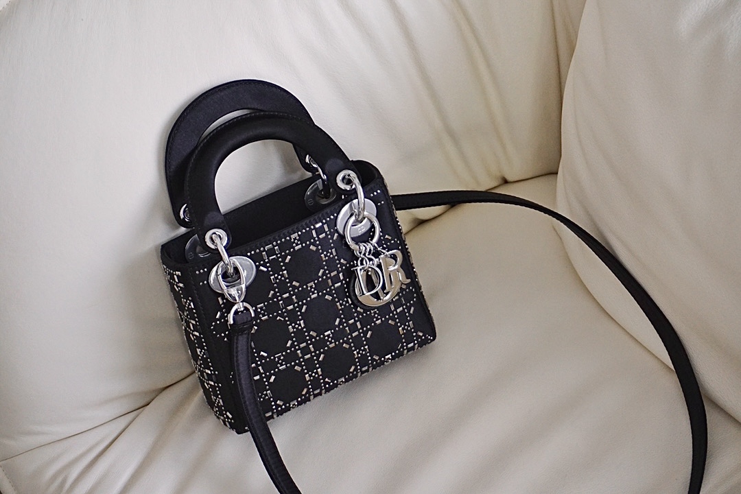 DIOR Mini Lady Dior Bag Black Strass Cannage Satin Sliver Hardware