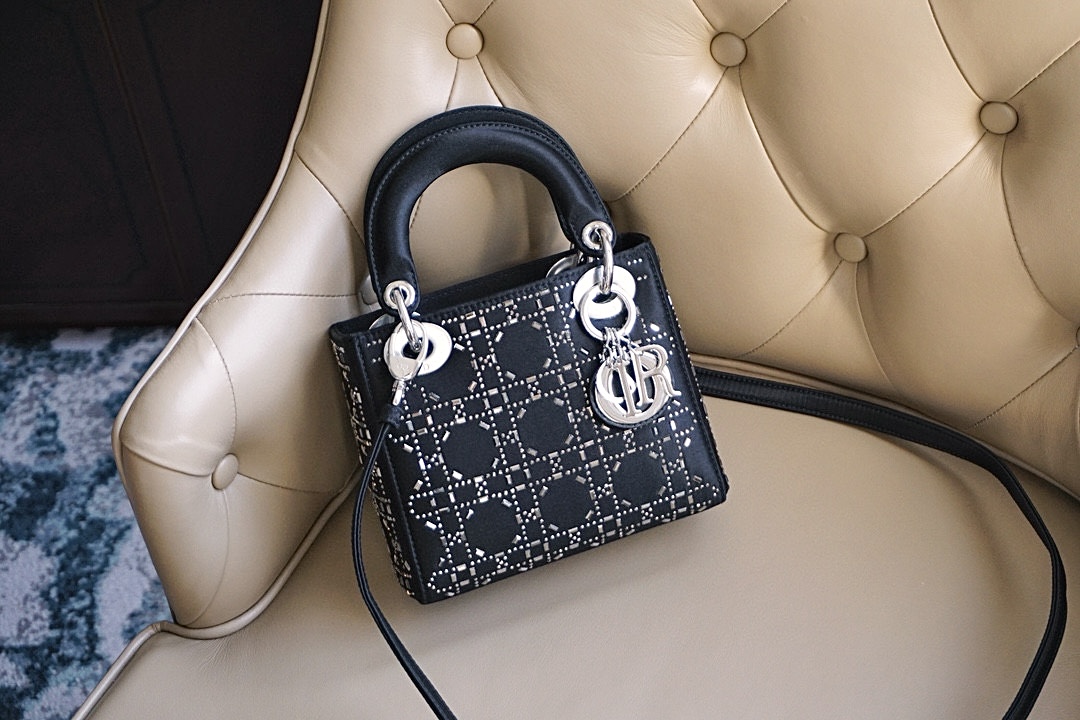 DIOR Mini Lady Dior Bag Black Strass Cannage Satin Sliver Hardware