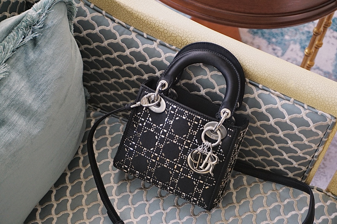 DIOR Mini Lady Dior Bag Black Strass Cannage Satin Sliver Hardware