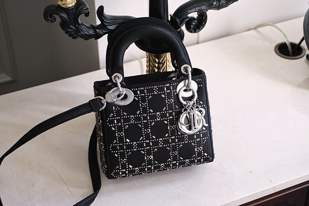 DIOR Mini Lady Dior Bag Black Strass Cannage Satin Sliver Hardware