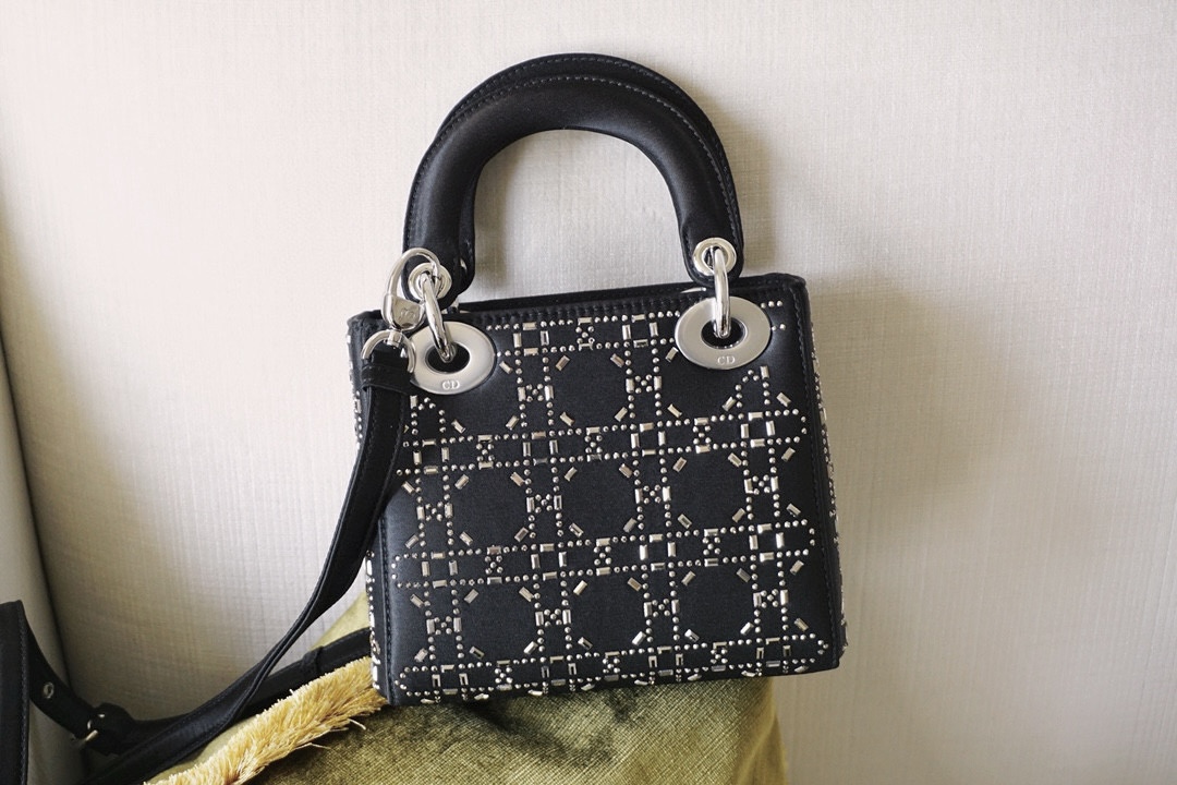 DIOR Mini Lady Dior Bag Black Strass Cannage Satin Sliver Hardware