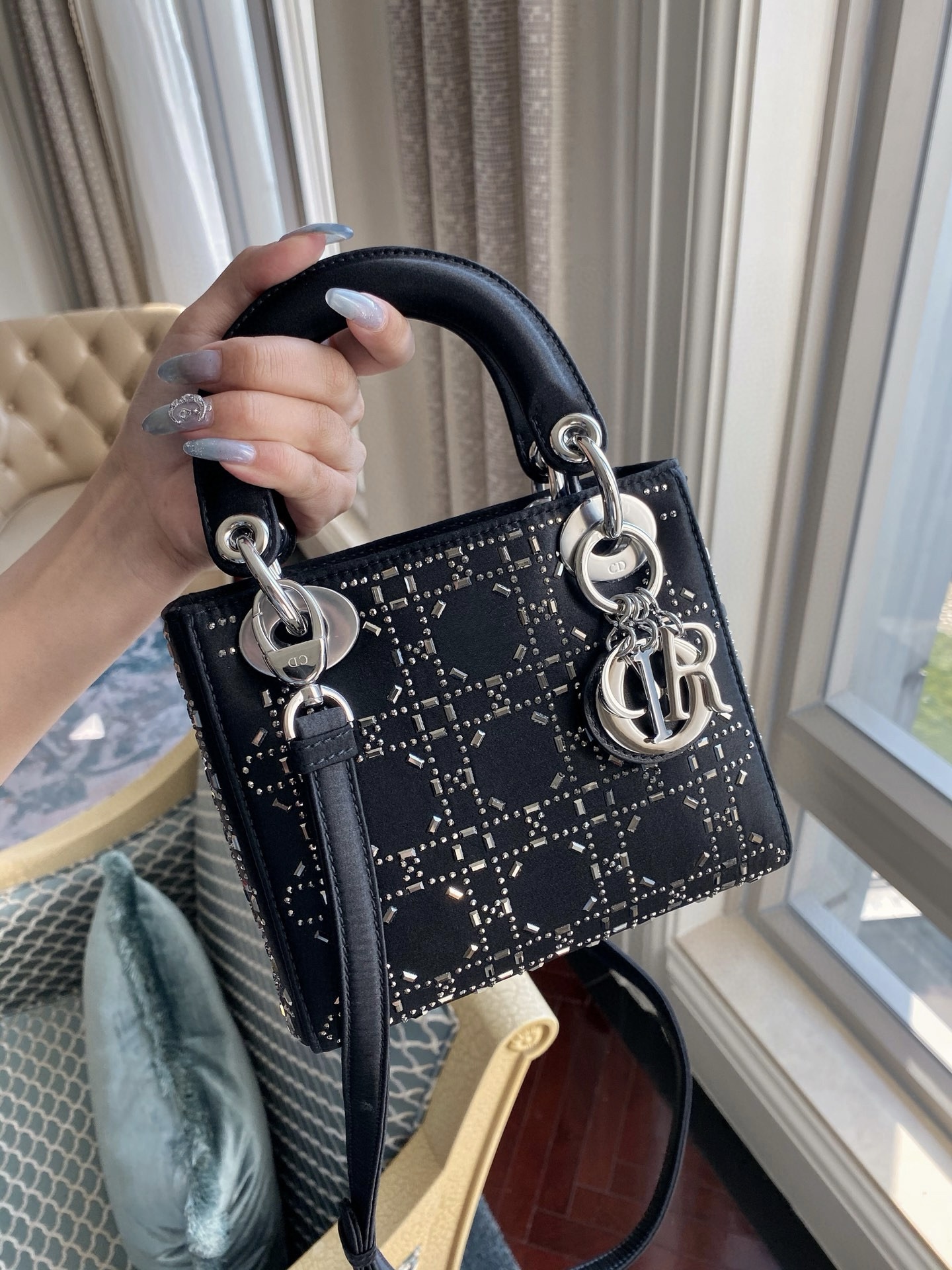 DIOR Mini Lady Dior Bag Black Strass Cannage Satin Sliver Hardware