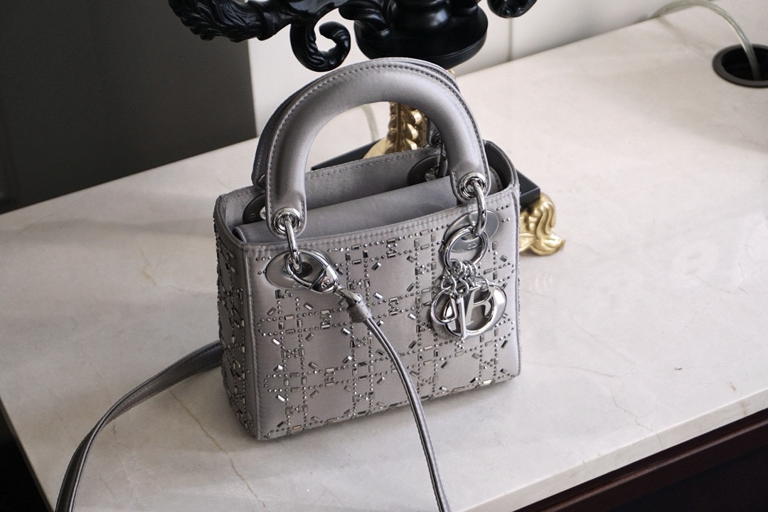 DIOR Mini Lady Dior Bag Gray Strass Cannage Satin Sliver Hardware