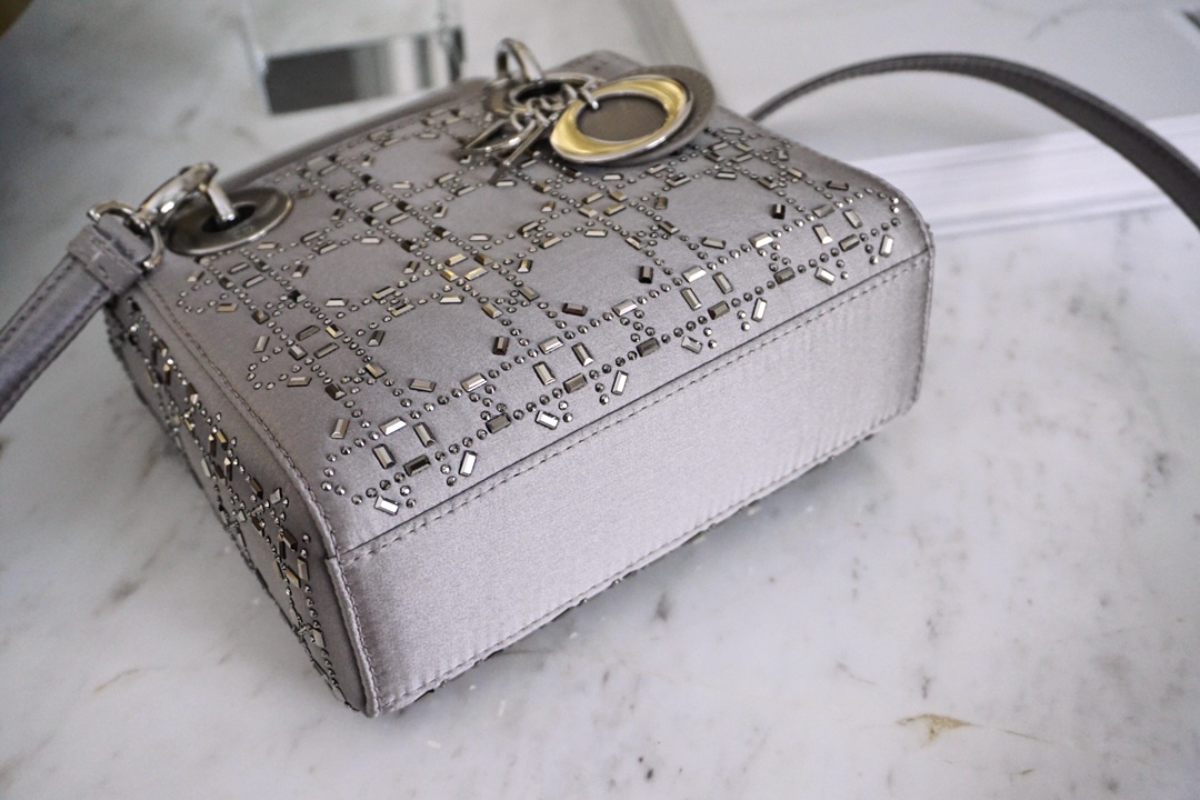 DIOR Mini Lady Dior Bag Gray Strass Cannage Satin Sliver Hardware