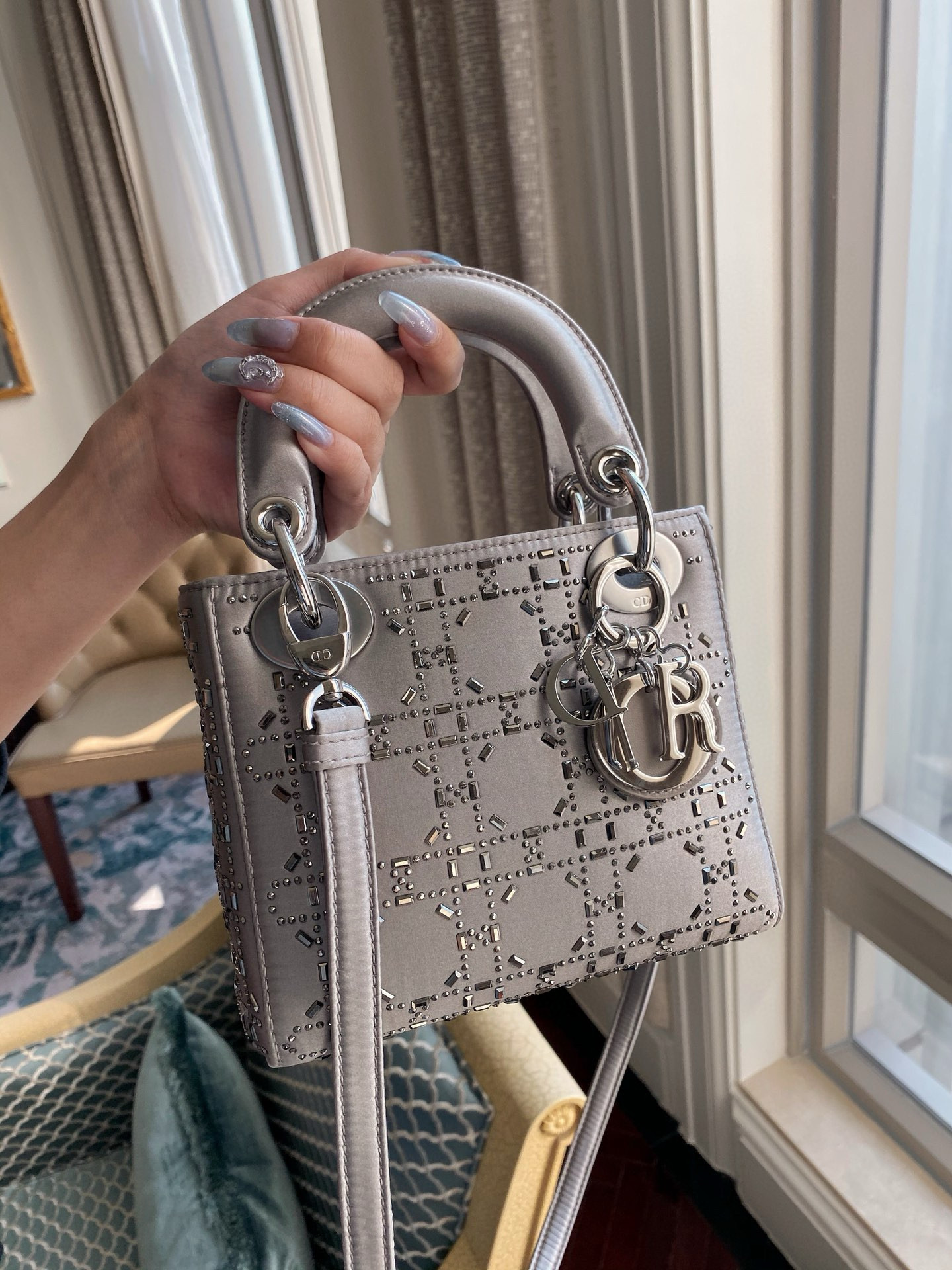 DIOR Mini Lady Dior Bag Gray Strass Cannage Satin Sliver Hardware