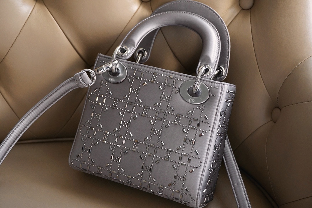 DIOR Mini Lady Dior Bag Gray Strass Cannage Satin Sliver Hardware