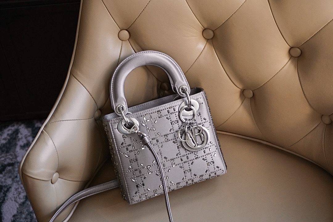 DIOR Mini Lady Dior Bag Gray Strass Cannage Satin Sliver Hardware