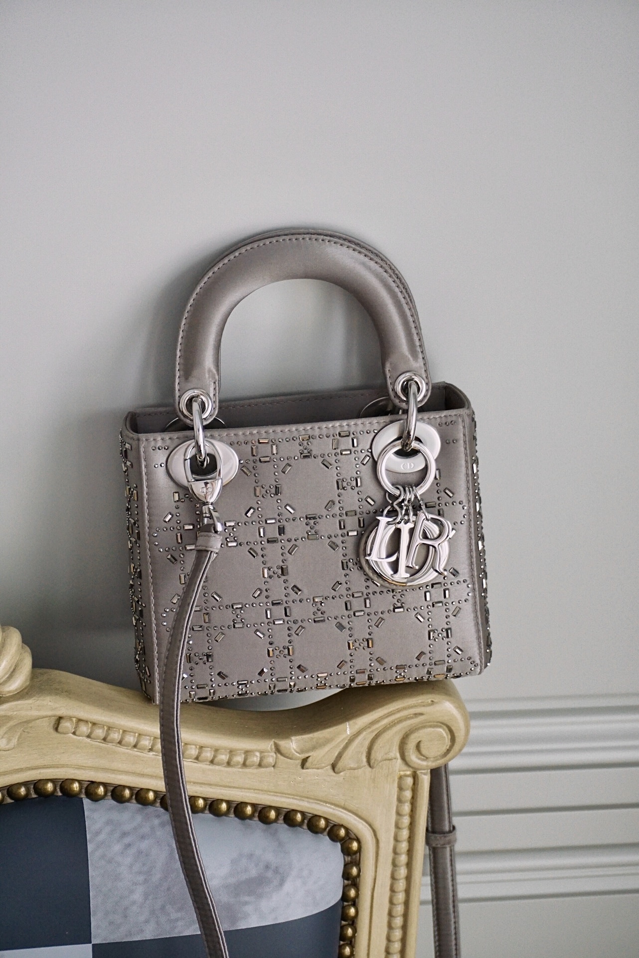 DIOR Mini Lady Dior Bag Gray Strass Cannage Satin Sliver Hardware