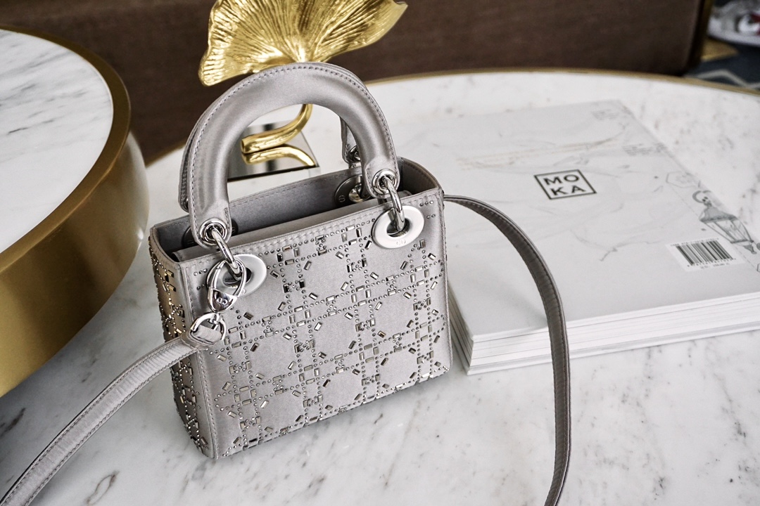 DIOR Mini Lady Dior Bag Gray Strass Cannage Satin Sliver Hardware