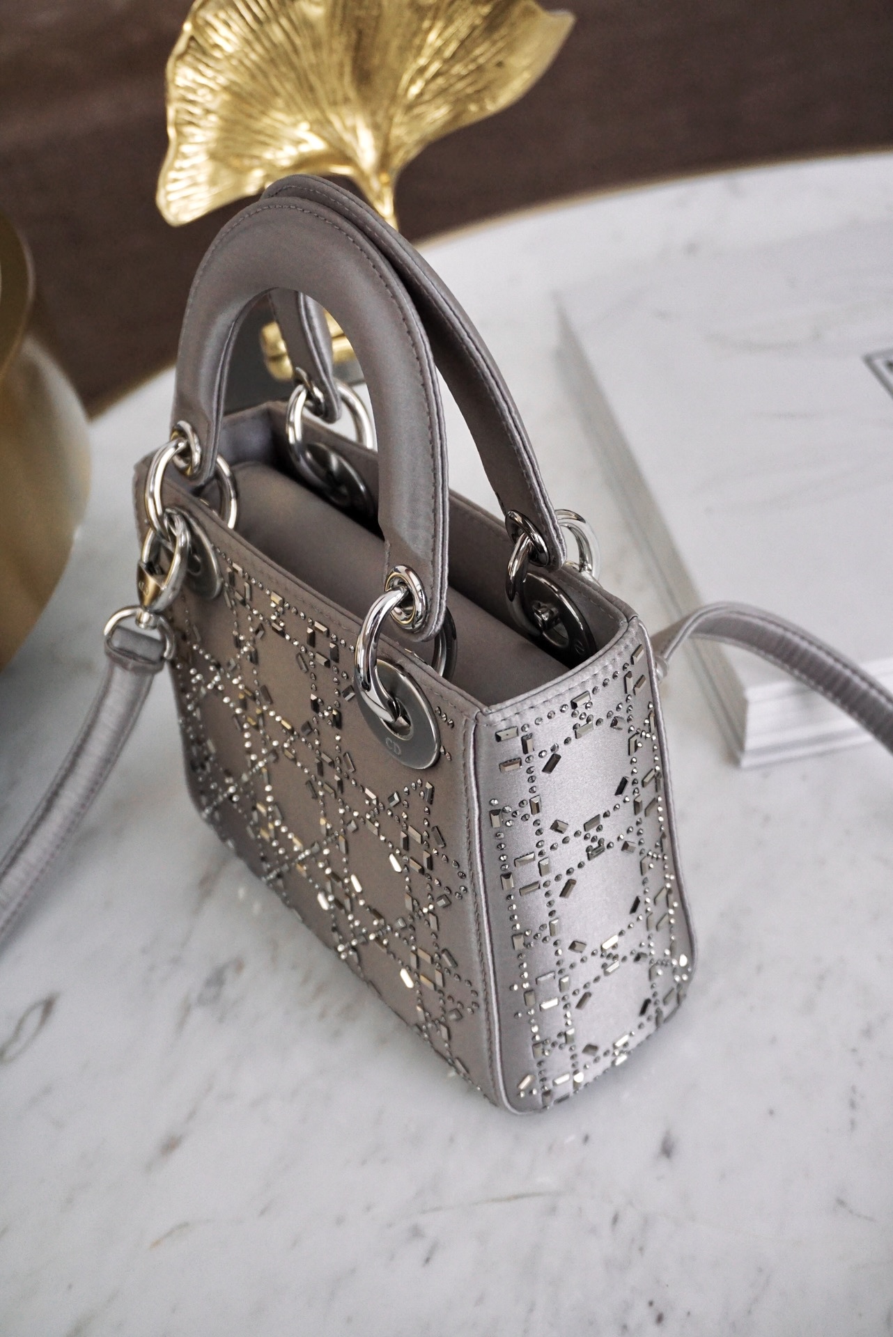 DIOR Mini Lady Dior Bag Gray Strass Cannage Satin Sliver Hardware