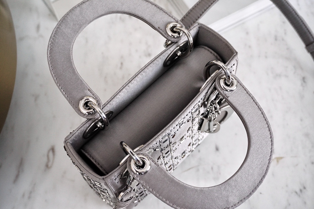 DIOR Mini Lady Dior Bag Gray Strass Cannage Satin Sliver Hardware