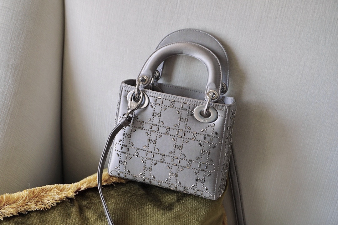 DIOR Mini Lady Dior Bag Gray Strass Cannage Satin Sliver Hardware