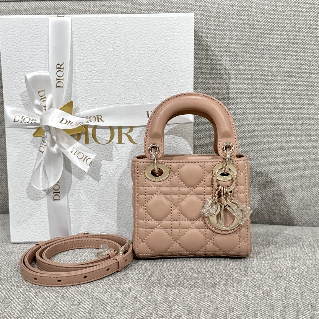 DIOR Lady Dior Micro Bag Rose des Vents Cannage Lambskin Gold Hardware