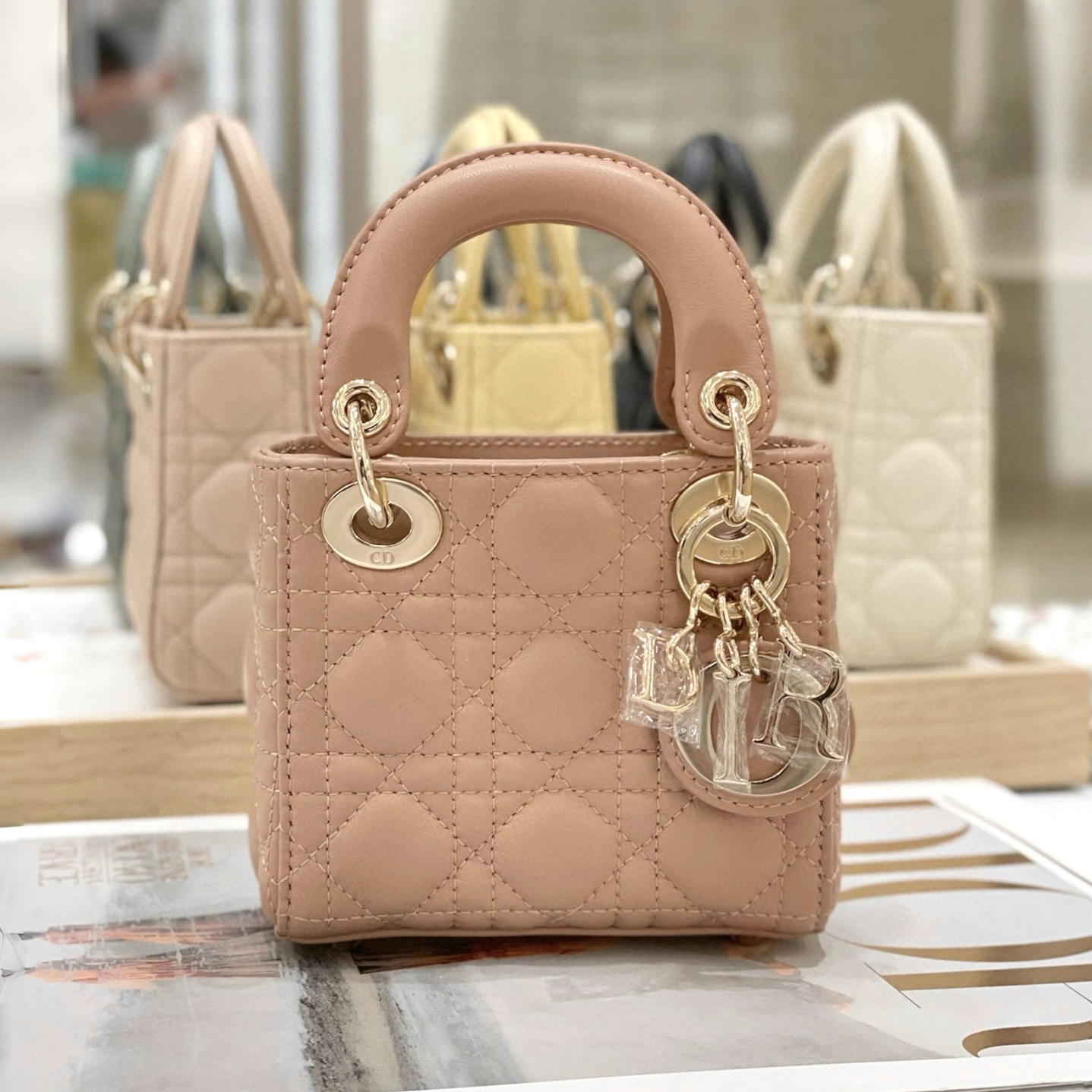 DIOR Lady Dior Micro Bag Rose des Vents Cannage Lambskin Gold Hardware