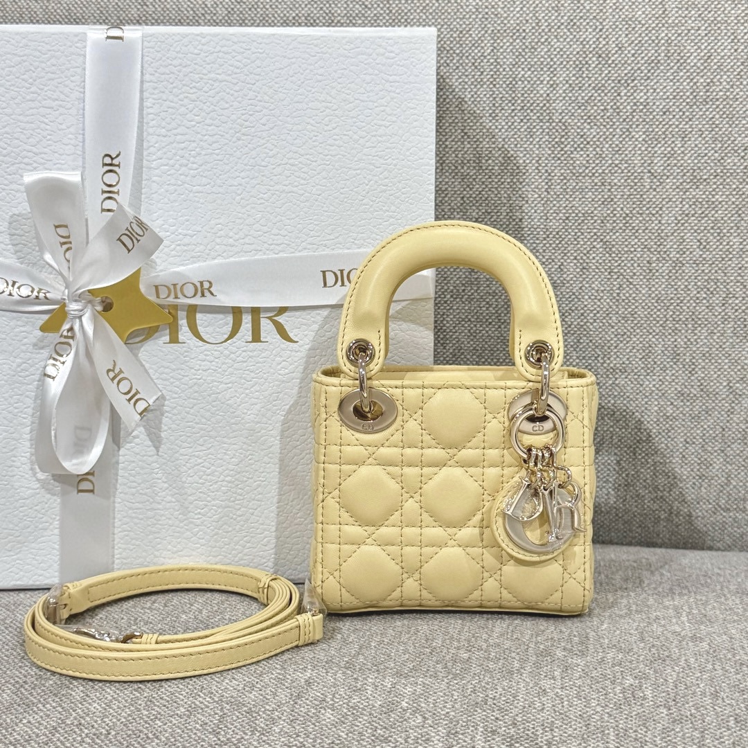 DIOR Lady Dior Micro Bag Pale Yellow Cannage Lambskin Gold Hardware