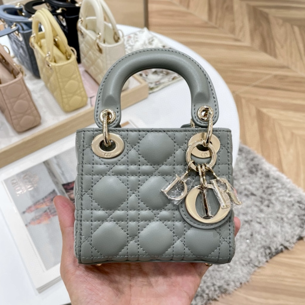 DIOR Lady Dior Micro Bag Stone Gray Cannage Lambskin Gold Hardware