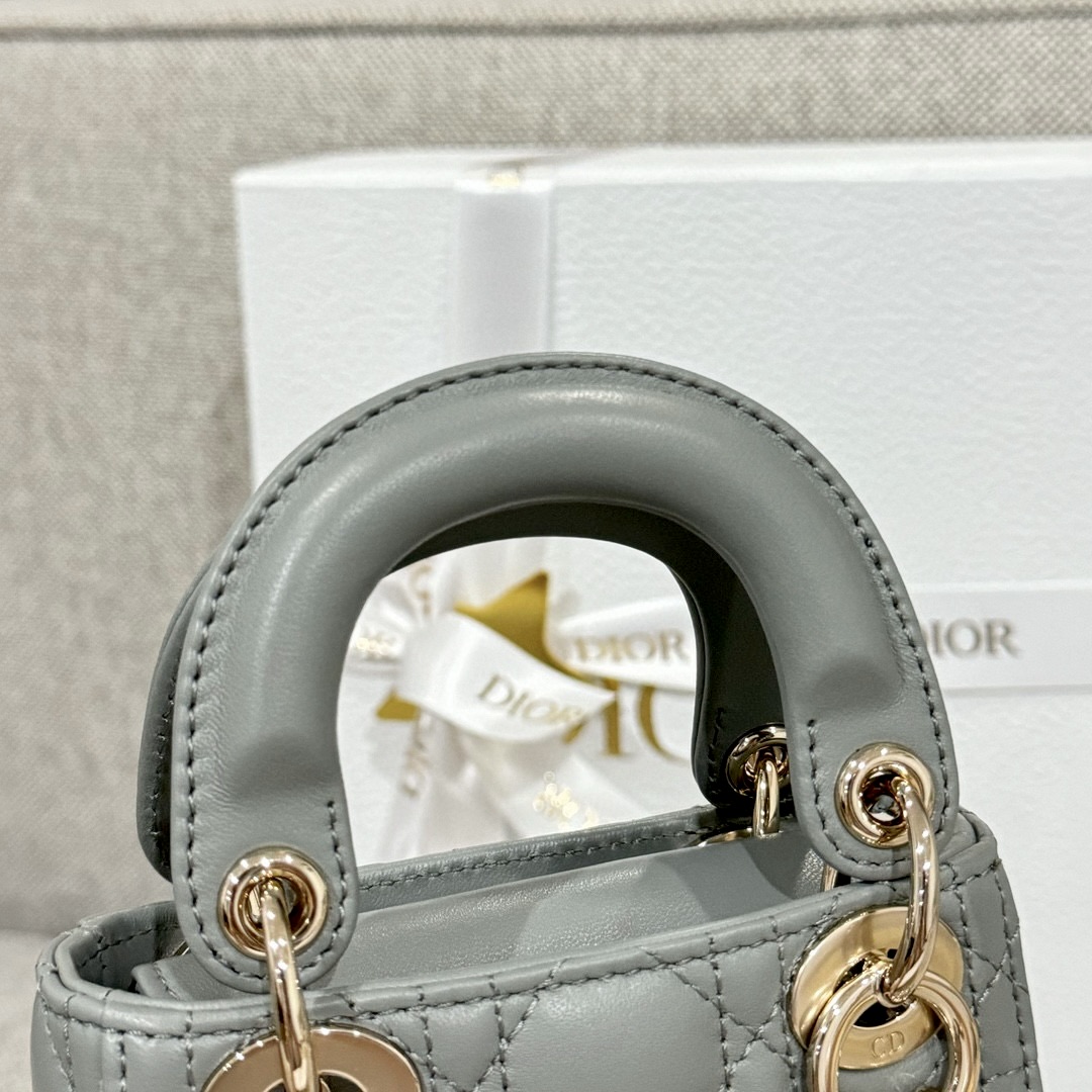 DIOR Lady Dior Micro Bag Stone Gray Cannage Lambskin Gold Hardware