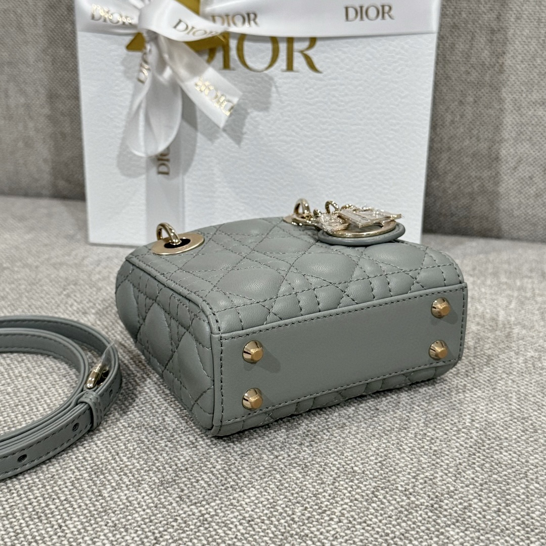 DIOR Lady Dior Micro Bag Stone Gray Cannage Lambskin Gold Hardware