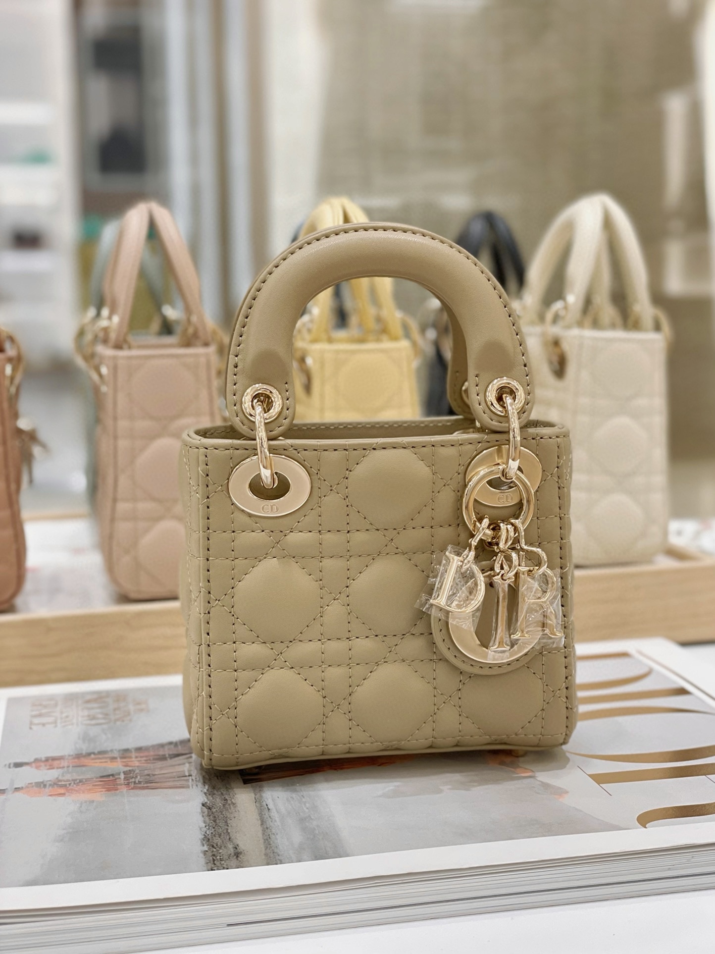 DIOR Lady Dior Micro Bag Sand-Colored Cannage Lambskin Gold Hardware