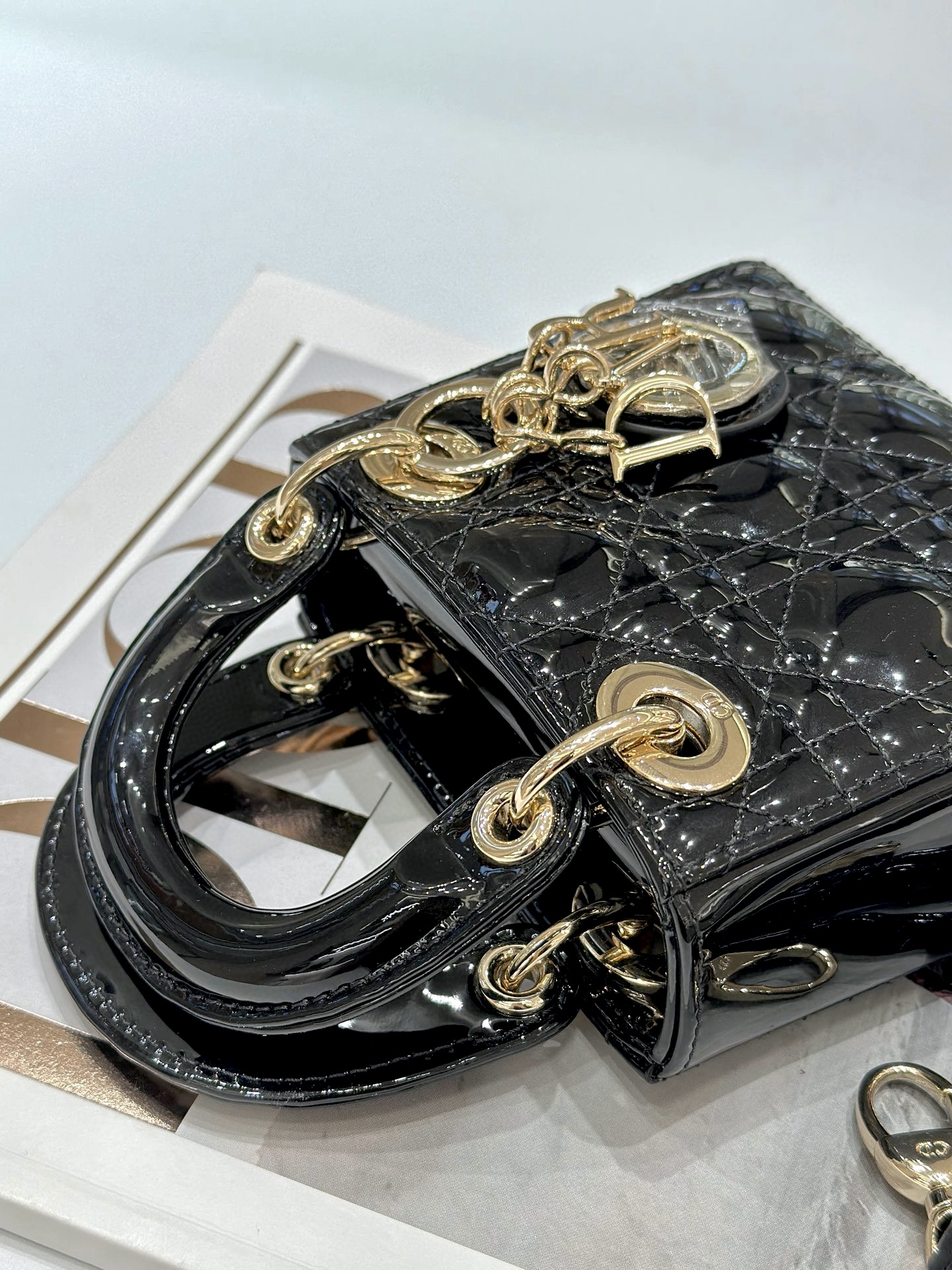 DIOR Lady Dior Micro Bag Black Patent Cannage Lambskin Gold Hardware