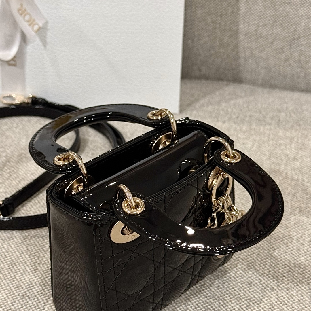 DIOR Lady Dior Micro Bag Black Patent Cannage Lambskin Gold Hardware