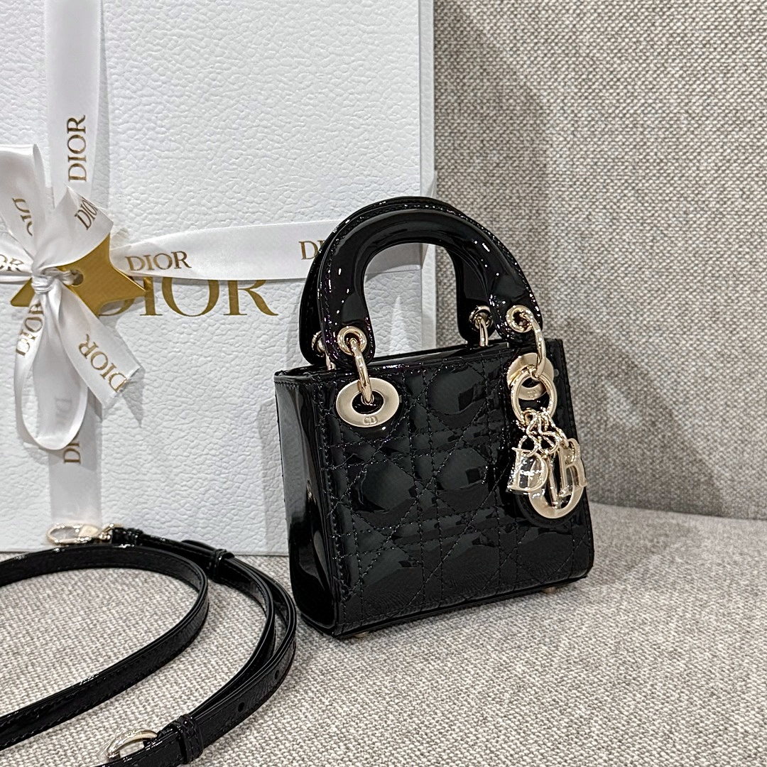 DIOR Lady Dior Micro Bag Black Patent Cannage Lambskin Gold Hardware