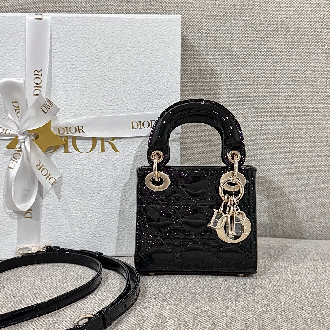 DIOR Lady Dior Micro Bag Black Patent Cannage Lambskin Gold Hardware