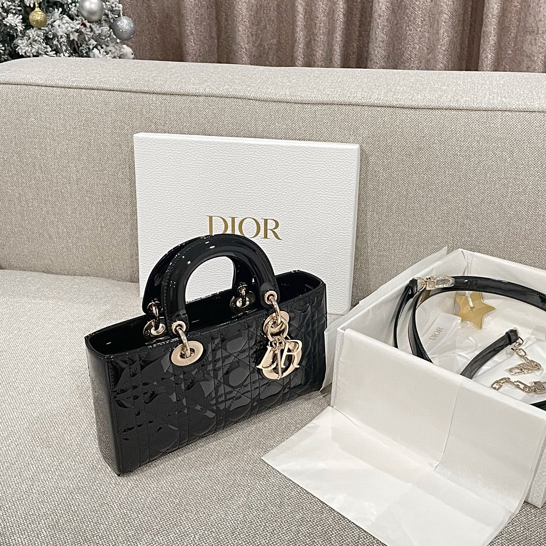 DIOR Medium Lady D-Joy Bag Black Patent Cannage Calfskin Gold Hardware