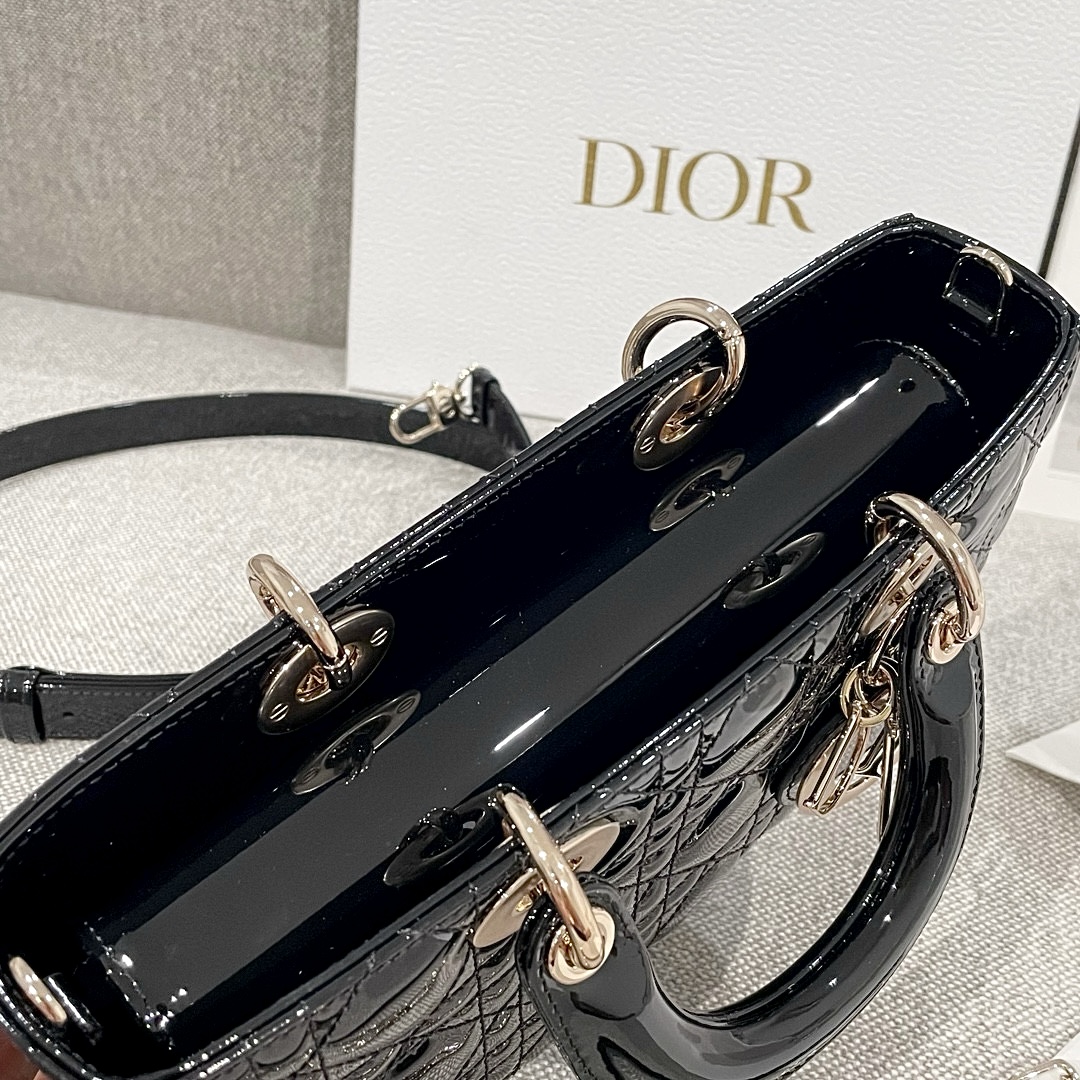 DIOR Medium Lady D-Joy Bag Black Patent Cannage Calfskin Gold Hardware