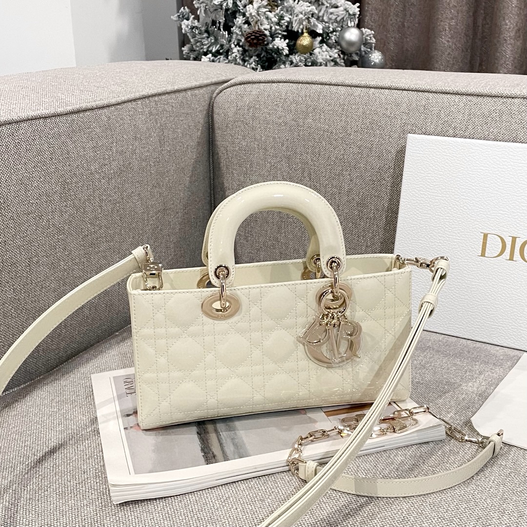 DIOR Medium Lady D-Joy Bag Latte Patent Cannage Calfskin Gold Hardware