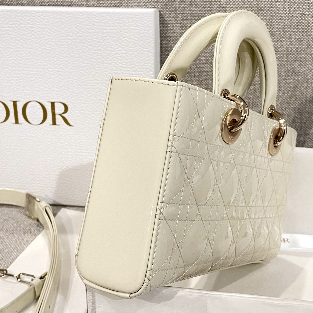 DIOR Medium Lady D-Joy Bag Latte Patent Cannage Calfskin Gold Hardware