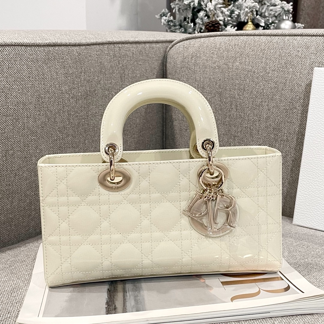 DIOR Medium Lady D-Joy Bag Latte Patent Cannage Calfskin Gold Hardware