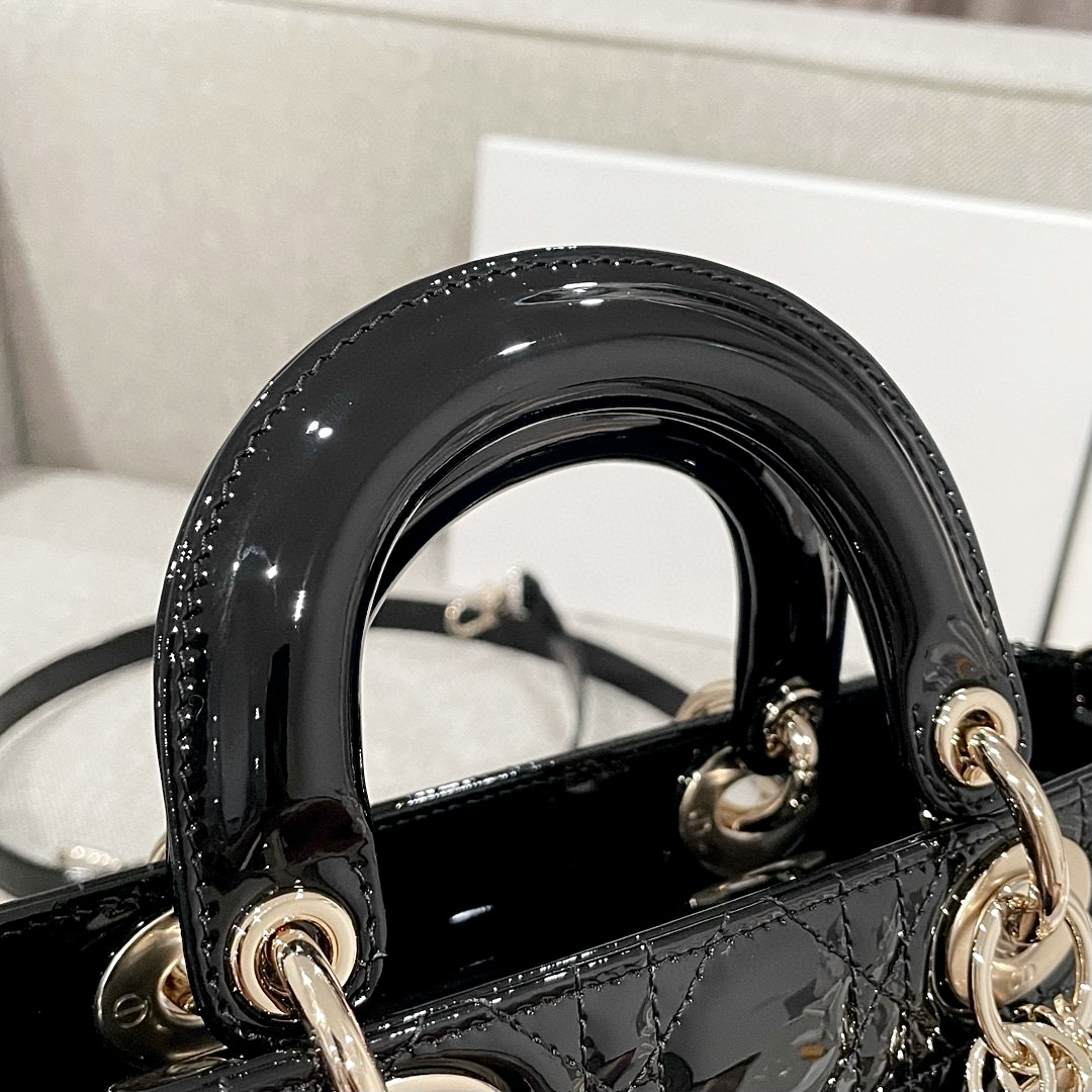 DIOR Medium Lady D-Joy Bag Black Patent Cannage Calfskin Gold Hardware