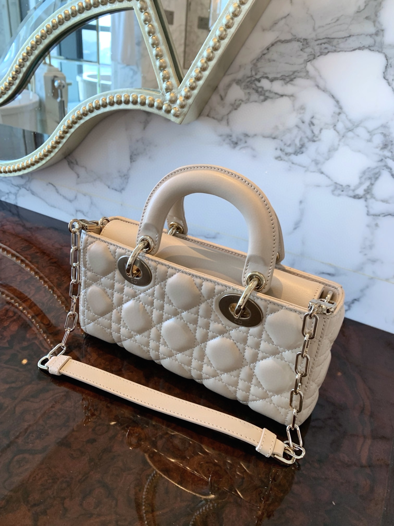 DIOR Small Lady D-Joy Bag Powder Beige Cannage Lambskin Gold Hardware