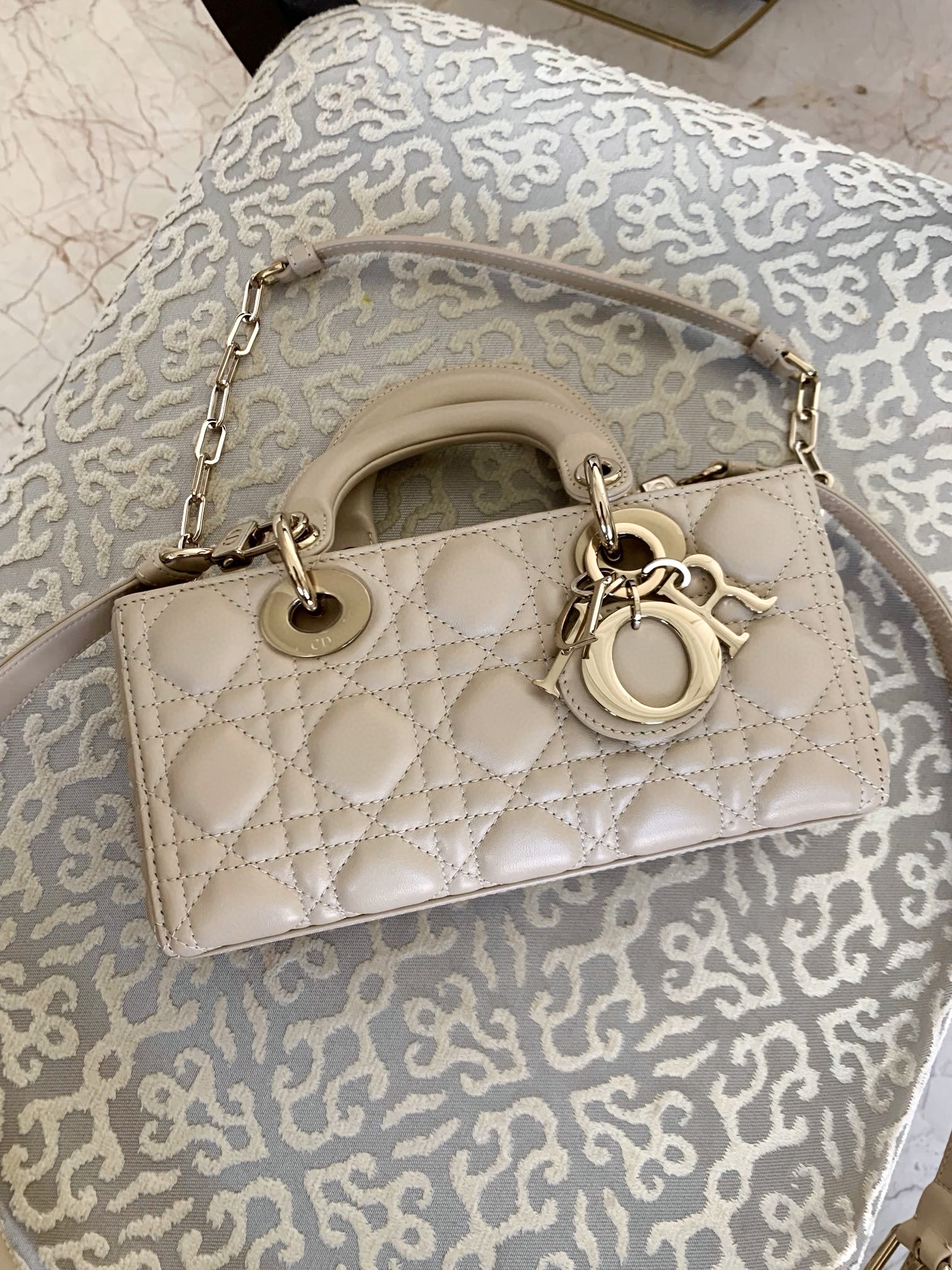 DIOR Small Lady D-Joy Bag Powder Beige Cannage Lambskin Gold Hardware