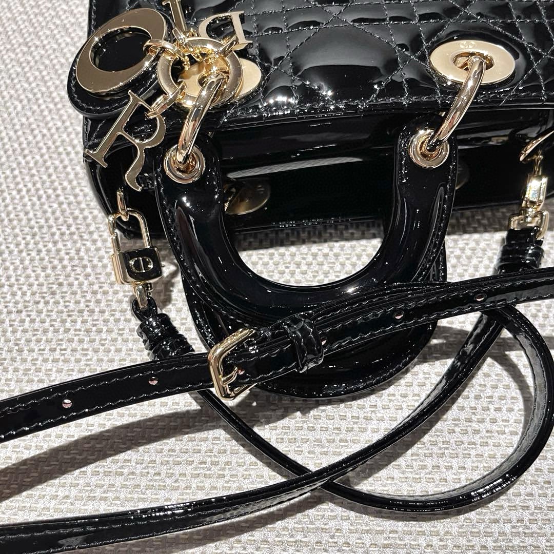 DIOR Lady D-Joy Micro Bag Black Patent Cannage Calfskin Gold Hardware