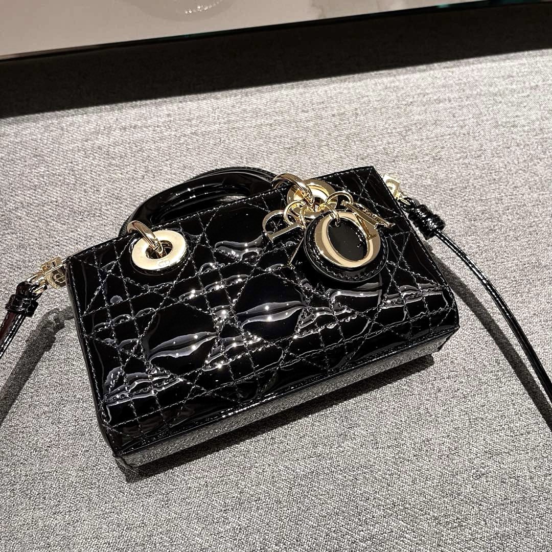 DIOR Lady D-Joy Micro Bag Black Patent Cannage Calfskin Gold Hardware