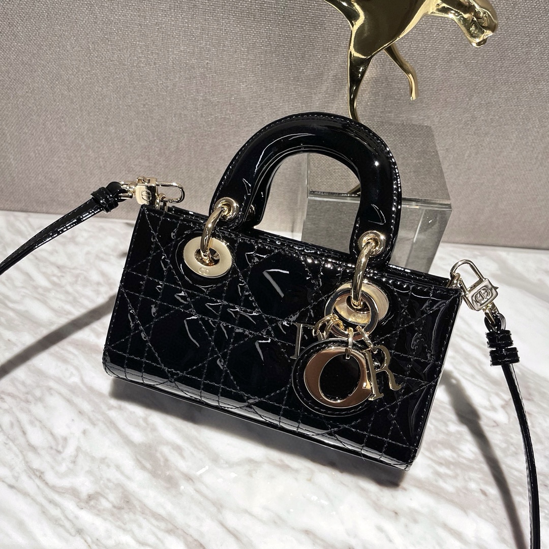 DIOR Lady D-Joy Micro Bag Black Patent Cannage Calfskin Gold Hardware