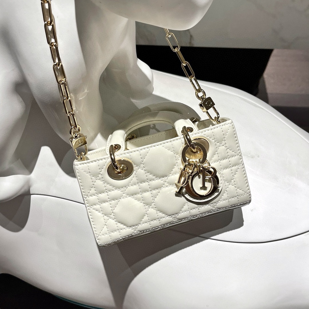 DIOR Lady D-Joy Micro Bag Latte Patent Cannage Calfskin with Gold Hardware