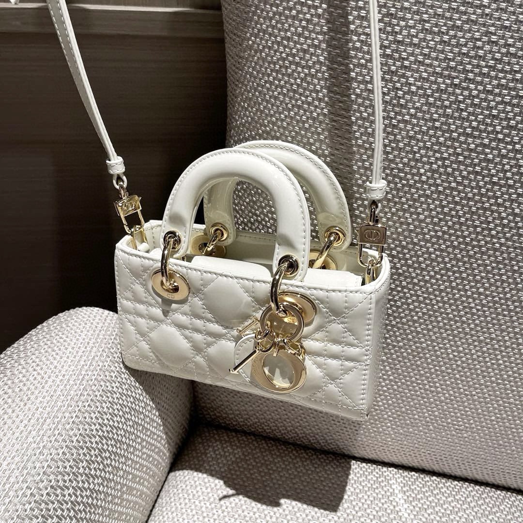 DIOR Lady D-Joy Micro Bag Latte Patent Cannage Calfskin with Gold Hardware